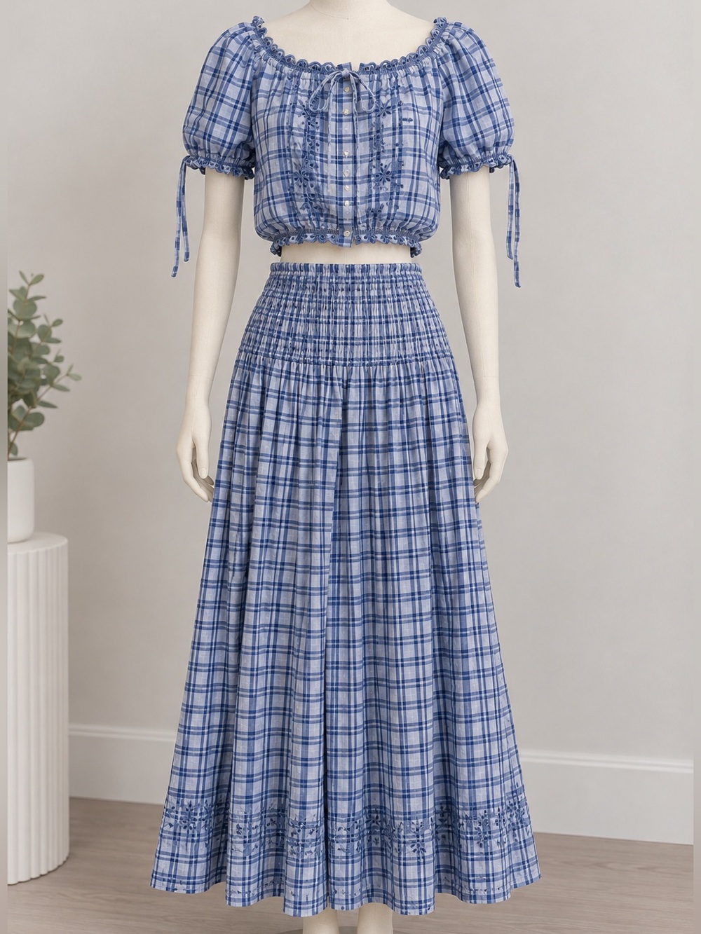 Free Assembly Blue Plaid Matching 2-Piece Crop Top & Skirt Set - Size L (12-14)